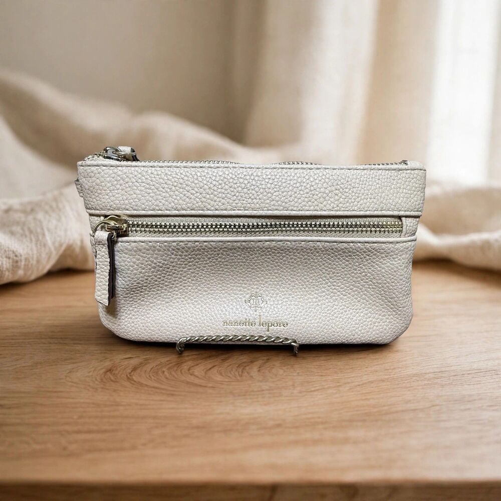 Nanette Lepore Wristlet Bone Beige Vegan Leather Zip Clutch Old Money Preppy